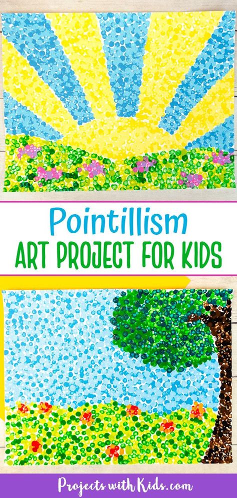 This pointillism for kids art project is fun for all ages! Try q-tip painting to create colorful art inspired by the famous artist Georges Seurat. Kids will love creating their own masterpiece!