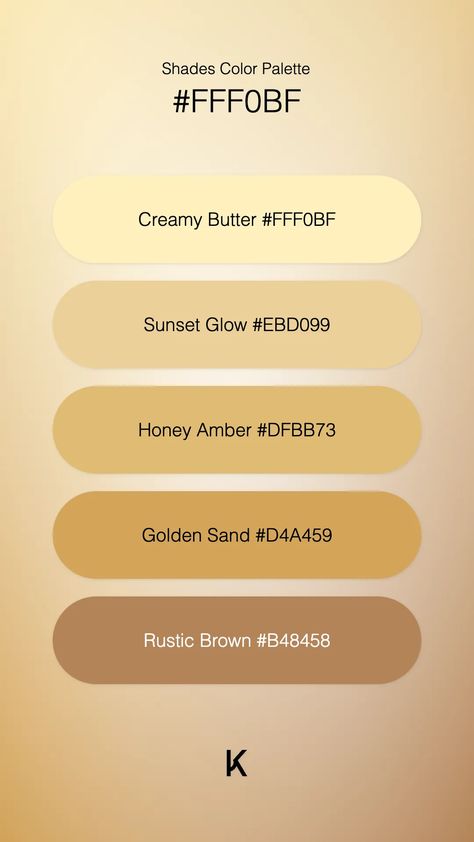 Shades Color Palette Creamy Butter #FFF0BF · Sunset Glow #EBD099 · Honey Amber #DFBB73 · Golden Sand #D4A459 · Rustic Brown #B48458 Honey Color Pallete, Honey Brown Color Palette, Honey Bee Color Palette, Golden Hour Color Palette, Light Brown Color Palette, Honey Color Palette, Golden Color Palette, Disney Minimalist, Hex Color