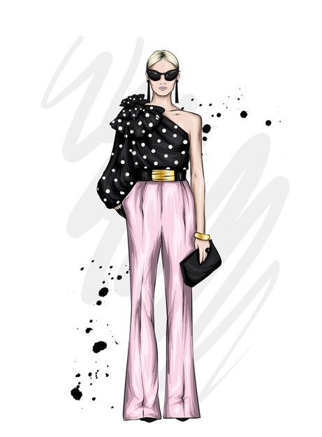 Girl in stylish trousers and a blouse. f... | Premium Vector #Freepik #vector #woman #fashion #girl #hair Dress Illustration Art, Fancy Gown, Fashion Design Inspiration, Vector Girl, Dress Vector, Mode Prints, Fashion Illustration Tutorial, Fashion Vector, Maxi Design