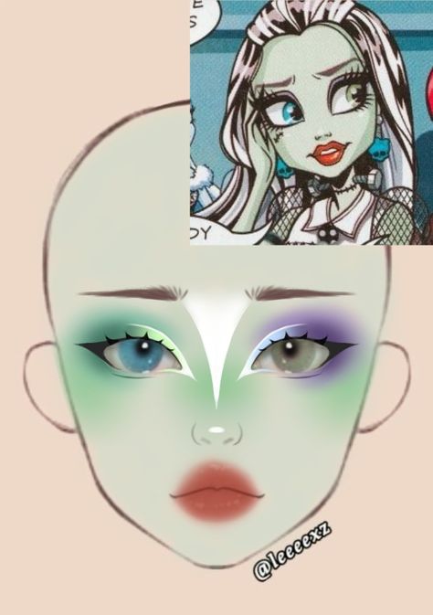 Frankie Stein Inspired Makeup, Frankie Stein Makeup Inspiration, Inspired Makeup, Monsters Inc Makeup, Character Makeup Looks, Frankie Stein Makeup, Halloween Face Charts, Monster High Eye Makeup, Inside Out Makeup