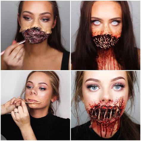 Scariest Halloween Makeup, Halloween Mouth Makeup, Latex Halloween Makeup, Halloween Latex Makeup, Liquid Latex Makeup Ideas, Liquid Latex Makeup, Red Eye Shadow, Golden Eye Makeup, Epic Hair