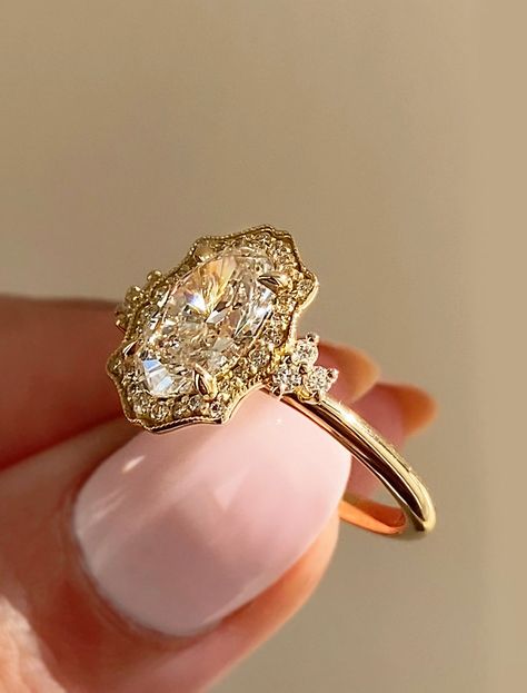 Evelina: Vintage Inspired Halo Cluster Engagement Ring | Ken & Dana Design Diamond Ring With Colored Side Stones, Antique Engagement Rings Art Deco, Expensive Engagement Rings Unique, Big Rock Engagement Ring, Old School Wedding Rings, Ours Ring, Unique Ring Designs Vintage, Radiant Cut Yellow Gold Engagement Ring, Ornate Gold Engagement Ring