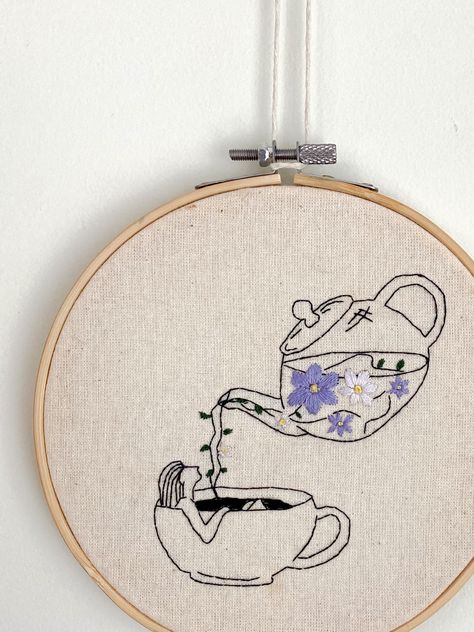 Tea Bag Embroidery, Learn To Embroider, Embroidery Hoop Decor, Purple Embroidery, Wooden Embroidery, Learning To Embroider, New Embroidery, Wooden Embroidery Hoops, Bead Embroidery Tutorial