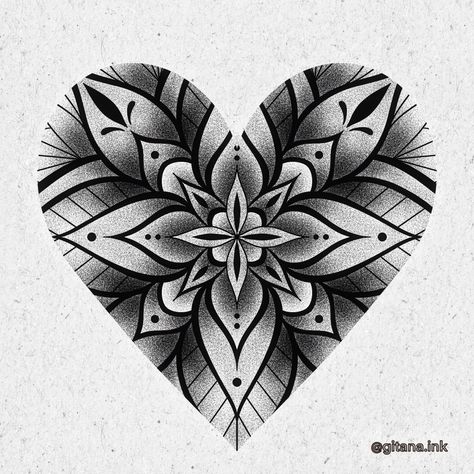 Dotwork tattoo Mandala Heart Tattoo, Heart Mandala Tattoo, Geometric Heart Tattoo, Pointillism Tattoo, Arm Sleeve Tattoos For Women, Heart Mandala, Geometric Mandala Tattoo, Tattoo Dotwork, Cross Tattoos For Women