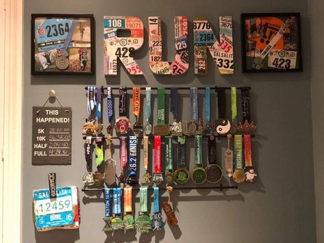 Ways To Display Sports Metals, 5k Medal Display, Display Running Medals, Marathon Medal Display Ideas, Race Medal Display Ideas, Sports Memorabilia Display Ideas, Hanging Medals Ideas, Trophy And Medal Display Ideas, Medal Display Ideas Diy