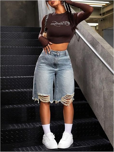 Women's Ripped High Waist Jean Zipper Button Denim Shorts Distressed Raw Hem Bermuda Shorts with Pocket How To Style Jorts Women, Ripped Shorts Outfit, Bermuda Shorts Outfits, Rotating Closet, Closet Inventory, Distressed Bermuda Shorts, Ripped Jean Shorts, Ripped Shorts, 2000s Fashion Outfits