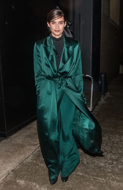 NEW YORK, NY - FEBRUARY 15: Model Sara Sampaio is seen leaving the Marchesa fashion show during, New York Fashion Week: The Shows at Gallery 2, Skylight Clarkson Sq on February 15, 2017 in New York City. (Photo by Gilbert Carrasquillo/GC Images) Silk Shirt Outfit, Model Off Duty Outfits, Marchesa Fashion, Satin Outfit, Satin Clothes, Satin Coat, Off Duty Outfits, Sara Sampaio, Model Street Style