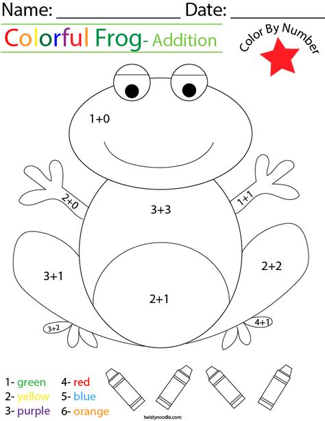 Addition- Color by Number Frog Math Worksheet - Twisty Noodle Math Worksheets For Preschoolers, Addition Coloring Worksheet, Holiday Math Worksheets, Flower Relief, Frog Activities, Addition Worksheet, Number Search, Worksheets For Preschoolers, Math Coloring Worksheets