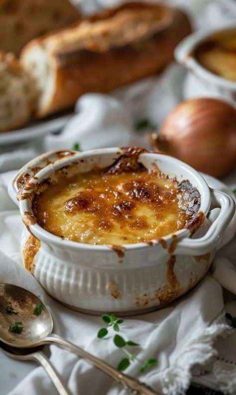 Rich, savory French onion soup is made with sweet onions, beef broth, a dash of wine, toasted bread, and melted Gruyère cheese. A perfect cozy winter meal! French Onion Soup Aesthetic, Chateau Briand Recipe, French Thanksgiving Recipes, French Recipes Dinner, Gougeres Recipe, French Lunch, Harvest Dinner, Quiche Lorraine Recipe, Traditional French Recipes