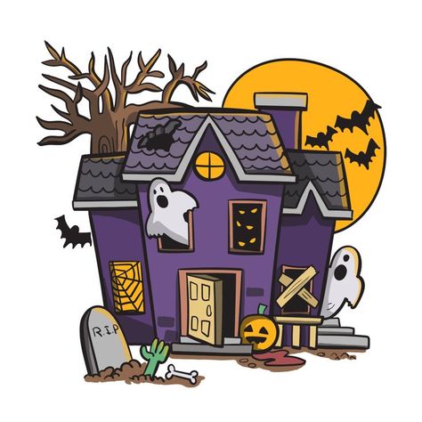 Haunted old house with ghosts illustration Cute Haunted House Drawing, Halloween House Illustration, Halloween House Drawing, Spooky House Drawing, Old House Drawing, Haunted House Cartoon, Cartoon Haunted House, Ghosts Illustration, Haunted House Illustration