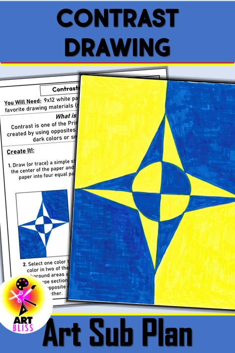 1-page simple sub plan or distance and remote learning for 3rd or 4th grade. #artsubplans #artdistancelearning #elementaryartlessons #drawinglessonsforkids #principlesofdesignforkid Contrast Principle Of Design, Art Sub Plans Elementary, Principles Of Design Contrast, Principle Of Design, Art Sub Lessons, Art Sub Plans, Contrast Art, Art Plan, Sub Plan