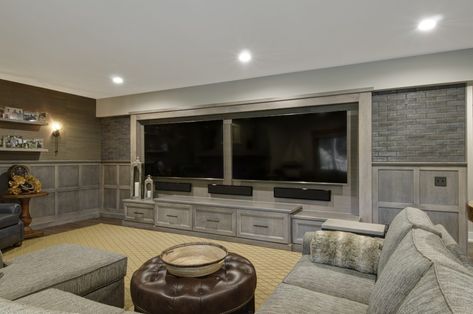 Two Tvs On One Wall, 2 Tvs In Game Room, Home Decor For Men Living Room, Double Tv Setup Living Room, Two Tvs In One Room Ideas Tv Walls, Basement Rec Room Tv Wall, Openknb Up A 1/2 Wall To See In Family Room, Two Tvs In One Room Ideas, Multiple Tv Wall Ideas Man Cave