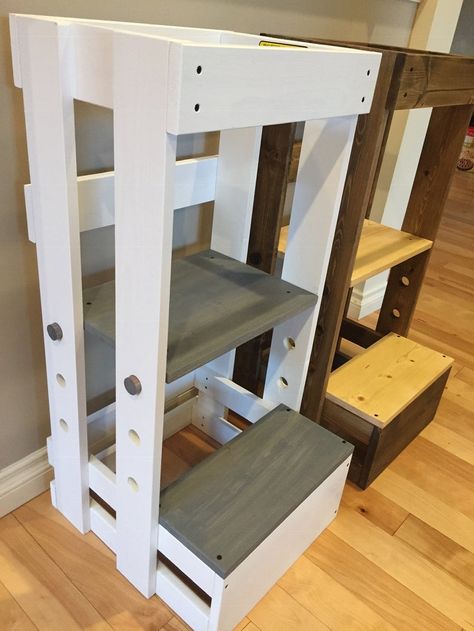 Kitchen Stools Diy, Toddler Kitchen Stool, Montessori Tower, Kitchen Helper Tower, Kid Furniture, Helper Tower, Toddler Step Stool, Toddler Kitchen, Observation Tower