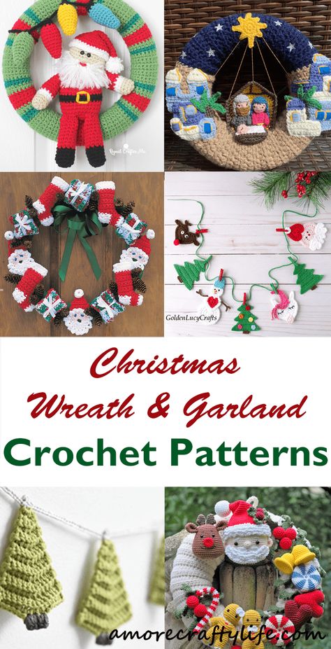 Crochet Xmas Wreath Free Pattern, Garland Crochet Pattern Free, Crochet Christmas Wreaths Pattern Free, Free Crochet Wreath Patterns, Crochet Wreath Christmas, Free Crochet Christmas Wreath Patterns, Crochet Christmas Wreath Pattern, Christmas Wreath Pattern, Crochet Christmas Wreaths