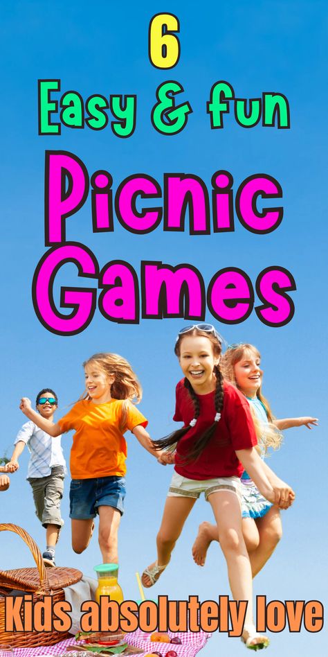 Make sure everyone has fun when you go on your next family picnic or picnic with a group of friends by setting up some of these six brilliantly fun easy picnic games that kids love to play. These are low or no prep, prop-free party games to keep kids amused at a picnic party so that they adults can also relax and have fun whilst the kids are happily playing, running around and active. Summer bucket list, outdoor kids games, fun games to play outdoors, picnic party games for kids, kids games fun Games To Play At A Picnic, Family Picnic Games Activities, Picnic Ideas For Friends Games, Toddler Picnic Activities, Fun Picnic Activities, Family Games Picnics, Outdoor Picnic Games, Picnic Party Games, Fun Picnic Games