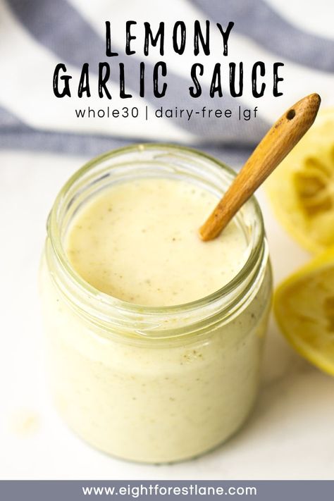 This lemony garlic sauce is a creamy and zingy Whole30 sauce or dressing perfect served with salad, vegetables or over grilled chicken. This sauce wizzes together in just a couple of minutes to elevate any dish plus it is completely dairy-free and Whole30 compliant. Essen, Cava Garlic Dressing, Garlic Dressing Recipe, Sauce For Vegetables, Garlic Sauce For Chicken, Dairy Free Dressing, Garlic Salad Dressing, Dairy Free Sauces, Salad Vegetables