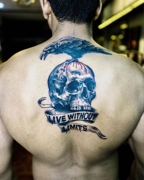 Skull Back Tattoo Expendables Tattoo, 4 Tattoo, Skeleton Hand Tattoo, Raven Tattoo, Back Tattoos For Guys, Tattoo Cover-up, The Expendables, Black Ink Tattoos, Cover Up Tattoos