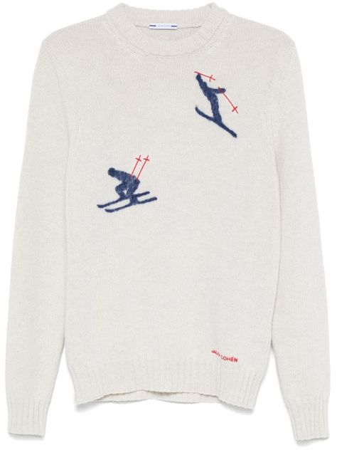 white virgin wool knitted construction skiing jacquard detailing crew neck long sleeves ribbed cuffs and hem embroidered logo to the side logo patch to the rear Vintage Ski Sweater, Ski Embroidery, Skiing Sweatshirt, Apres Ski Sweater, Ski Design, Statement Sweater, Unique Sweater, Ski Sweater, Ski Accessories