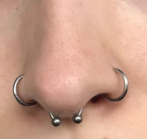 Double Nose Piercing Hoop Both Sides, 3 Nose Rings, Double Nose Piercing Ring, Double Hoop Nose Ring Both Sides, All Three Nose Piercings, Nose Ring Both Sides, Double Nose Ring Both Sides, Nose Piercing Both Sides And Septum, Lil Piercings