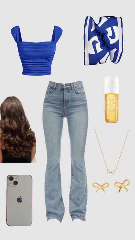 #royal blue #curled hair #blue #nike #iphone Royal Blue Outfits Aesthetic, Royal Blue Outfit Ideas, Royal Blue Top Outfit, Blue Ripped Jeans Outfit, Outfit Ideas Latina, Blue Outfit Ideas, Blue Top Outfit, Royal Blue Outfits, Outfit Ideas For School