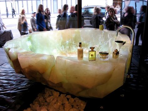 Quartz crystal bathtub. This sounds like the most wonderful thing in the world right now-would be great for soaking up the energies of a full moon, then bathing in them. Nirvana. Crystal Bathtub, Bath Tub Ideas, Drømme Bad, Outdoor Bathtub, Crystal Bath, Tub Ideas, Dream Bathrooms, Eyes Model, Bath Tub