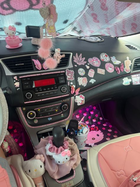 Kawaii Car Interior Ideas, Pink Decorated Car Interior, Cute Pink Car Interior, Cute Decorated Car Interior, Pink Interior Car Aesthetic, Car Decorations Interior Hello Kitty, Nissan Interior Decor, Girly Interior Car, Cute Car Accessories Pink