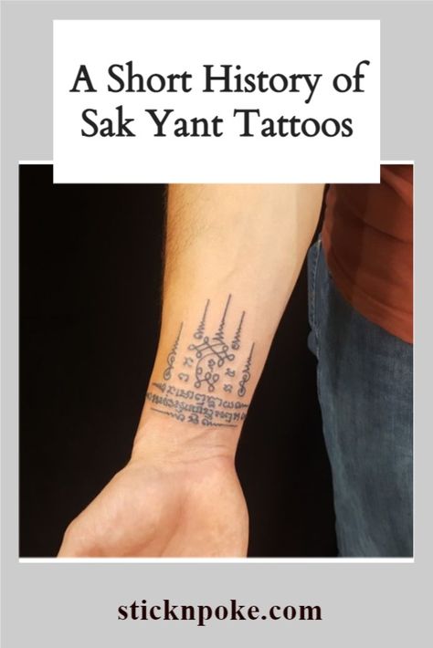 Sak Yant Tattoos are symbols that carry different religious meanings. While they sometimes depict Hindu gods such as Ganesha, Buddhist figures like the Buddha or mythological creatures like the phoenix, Sak Yant Tattoos are part of the Thai Buddhist culture, but as their magic symbolism suggests, they are deeply influenced by animist beliefs. #homemade tattoos stick and poke #poke #Sak #stick #Tattoos #Yant Thai Tattoo Ideas, Magick Tattoo, Thai Tattoo Meaning, Cambodian Tattoo, Buddhism Tattoo, Buddhist Symbol Tattoos, Yantra Tattoo, Khmer Tattoo, Buddhist Tattoo