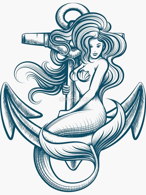 "Mermaid on the Anchor" Sticker by devaleta | Redbubble Mermaid Anchor Tattoo, Anchor Drawings, Tattoo Mermaid, Mermaid Tattoo Designs, Anker Tattoo, Mermaid Artwork, Anchor Tattoos, Siren Mermaid, Mermaid Drawings