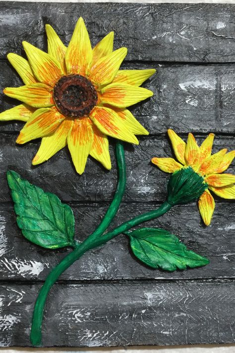 Amazing Sunflower Mural Art on Cardboard | Cardboard Craft | Clay Art Hello everyone, In this video i am sharing how to make Sunflower Clay Mural Art Painting on Cardboard with clay, this is very easy give it try. Clay Art On Cardboard, Sunflower Clay Art, Clay Mural Art, Clay Sunflowers, Mural Art Painting, Sunflower Mural, Clay Sunflower, How To Make Sunflower, Painting On Cardboard