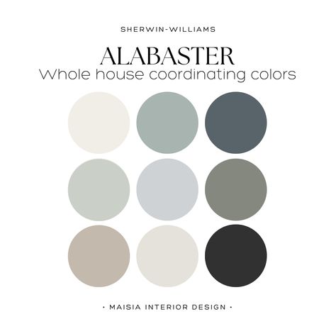 Discover the timeless elegance of Sherwin Williams' ALABASTER paint palette, ideal for creating a Modern Farmhouse Paint Color palette throughout your home, offering the best whole house paint palette idea with Alabaster serving as the coordinating color choice. These colors have been hand selected by me to create a cohesive Paint Color Scheme that work perfectly together and will give your home a designer touch. Sherwin Williams offers an extensive range of paint colors, each with its distinct Whole House Sherwin Williams Paint, Green Bedroom Paint Colors Sherwin Williams, Home Depot Interior Paint Colors, Bathroom Paint Colors Dark Cabinets, Light Color Schemes For The Home, Main House Paint Color, Sw Outrigger, California Casual Color Scheme, Home Color Palette 2024