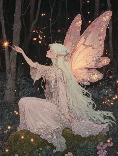 ↑↑↑ Larger size on website 🔸 A delicate fairy with long, flowing white hair and iridescent wings sits on a moss-covered rock in a Iridescent Wings, Embroidery Home Decor, Embroidery Home, Pink Gowns, Diamond Embroidery, Fantasy Fairy, Enchanted Forest, White Hair, Diamond Painting