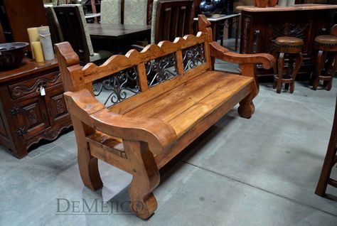 The Banca Especial is a old door Spanish bench made from two types of wood, and complimented by beautiful hand forged iron panels. Indoors or outdoors. Spanish Bench, Rustic Wood Bench, Wood Benches, Sofa Bench, Hand Forged Iron, Old Door, Old Doors, Wood Bench, Forged Iron