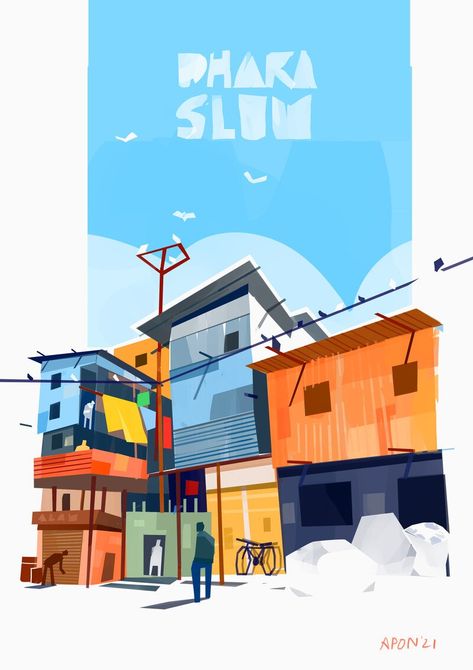 Slum Illustration, Illustration Styles Inspiration, Background Illustration Design, Construction Illustration, Urban Illustration, Street Illustration, Animation Styles, Illustration Poster Design, Bg Design