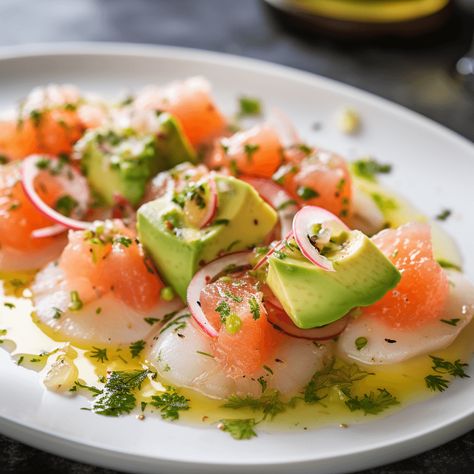 Scallop Crudo with Avocado, Grapefruit, and Lime Vinaigrette Recipe Scallop Amuse Bouche, Scallop Crudo Recipe, Raw Scallops Recipe, Scallops Crudo, Fish Crudo, Scallop Carpaccio, Crudo Recipe, Raw Fish Recipes, Scallop Crudo