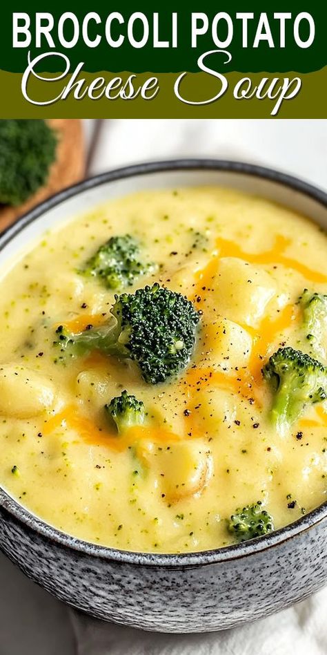 Craving a warm and comforting meal? Try this Broccoli Potato Cheese Soup recipe! Made with fresh broccoli, tender potatoes, and rich, melted cheese, it's the perfect creamy soup for chilly nights. ✨ Try this delicious recipe today and enjoy a bowl of warmth! ✨ 👉 Save this Pin for later, and don't forget to share it with your foodie friends! #BroccoliSoup #CheeseSoup #ComfortFood #SoupRecipes #HealthyDinnerIdeas #EasyMeals Hashbrown Broccoli Cheese Soup, Broccoli Cheese Potato Soup Crockpot, Broccoli And Potato Soup Crockpot, Crockpot Potato Cheese Broccoli Soup, Broccoli Mac And Cheese Soup, Potatoe Broccoli Cheddar Soup, Brocolli Potato Soup Recipes, Potato Bacon Broccoli Soup, Winter Potato Soup