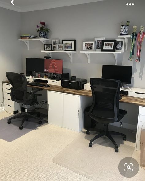 98 Inch Ikea Desk, Double Computer Desk Work Stations, Double Desk Gaming, Home Office Setup Couple, Double Gaming Desk, Double Office Bedroom, Small Home Office Double Desk, Small Office Ideas 2 Desks, Home Office Inspiration 2 Desks