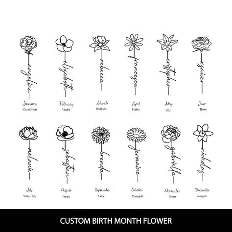 Birth Month Flower Tattoo Birthmonth Flower Svg Custom Birth - Etsy Australia Patchwork, Coastal Tattoos, Month Flower Tattoo, August Flower Tattoo, Birth Month Symbols, Birthmonth Flower, Name Flower Tattoo, Datum Tattoo, December Birth Flower