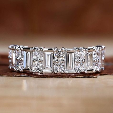 Explore this tradition and modern look with our Baguette and Round Cut Lab Grown Diamond. Select this baguette and round diamond half-eternity wedding band. Anniversary Bands For Her, Baguette Wedding Band, Round Wedding Band, Stackable Rings Wedding, Anniversary Wedding Band, Cute Engagement Rings, Half Eternity Wedding Band, Classic Wedding Rings, Traditional Diamond