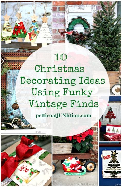 10 Creative Christmas Decorating Ideas using Vintage finds and funky junk. Crazy Christmas Decorations, Upcycled Christmas Decorations, Recycled Diy, Upcycled Christmas, Recycled Christmas, Repurposing Ideas, Christmas Craft Ideas, Thrift Store Decor, Upcycling Projects