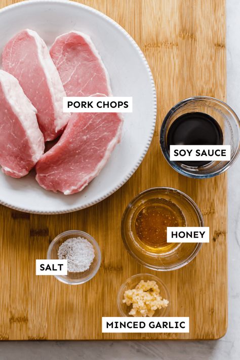 A few simple ingredients (honey, soy sauce, and garlic) can bring a simple pork chop to life in about 30 minutes! These Sweet & Savory Oven Baked Boneless Pork Chops not only come together in a flash but can also be prepped as a make ahead freezer meal. Make sure to reduce the marinade into a delectable, sticky sauce to drizzle over the top just before eating. A great weeknight meal that everyone will love! #porkchoprecipe #bonelessporkchop #freezermeal Boneless Center Cut Pork Loin Recipes, Porkchop Marinade Recipes Sauces, Pork Chop Marinade Baked, Oven Baked Boneless Pork Chops, Baked Boneless Pork Chop Recipes, Pork Chop Marinade Recipes, Baked Boneless Pork Chops, Teriyaki Pork Chops, Oven Pork Chops