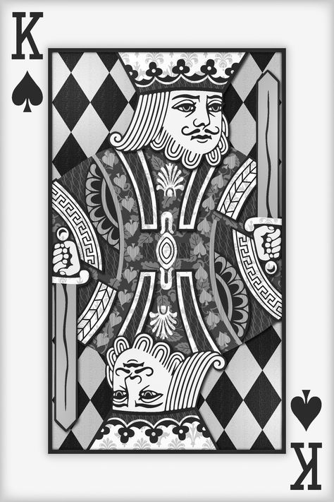 #Playing Card Wall Art #Playing Card Print King Of Spades Wallpaper, King Card Tattoos For Men, Playing Card Graphic Design, King Playing Card Tattoo, King Card Design, King Card Tattoo, Black And White Playing Cards, Dnd Drawings, King Playing Card