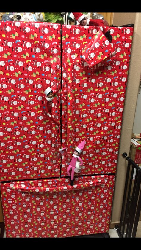 Day one 10 elves wrap the fridge. #elfontheshelf #seasonalsweeties  #elfontheshelfideas Elf 2024, Elf Shenanigans, Elves Gift, Xmas Elf, Elf Ideas, Xmas Ideas, Shelf Ideas, Jingle Bells, Baby Photography