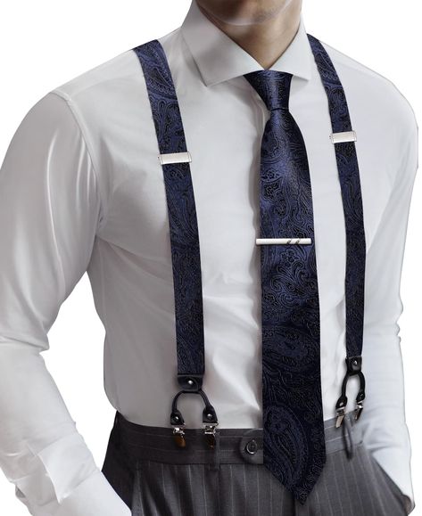 PRICES MAY VARY. HIGH-QUALITY SILK-Fabric soft and comfortable,content rich,1*Suspender +1*Tie+1*Pocket Square+ 2*Cufflinks+a free clip,different color for you to choice,an essential accessory for a man's wardrobe. SIZE-Suspender:1.4*59inches(3.5*150cm).BowTie:4.7*2.4inches(12*6cm),Adjustable according to neck-size:11-19inches(28cm-48cm),And its length is adjustable and could fit for the body shape of most customers. Special Clips Design: Y type suspender with 6 metal strong clips can help to ke Suspenders Men Fashion, Suspenders Outfit, Black Suspenders, Havana Nights, Necktie Set, Suspenders Men, Suspenders Set, Tie Set, Men's Wardrobe