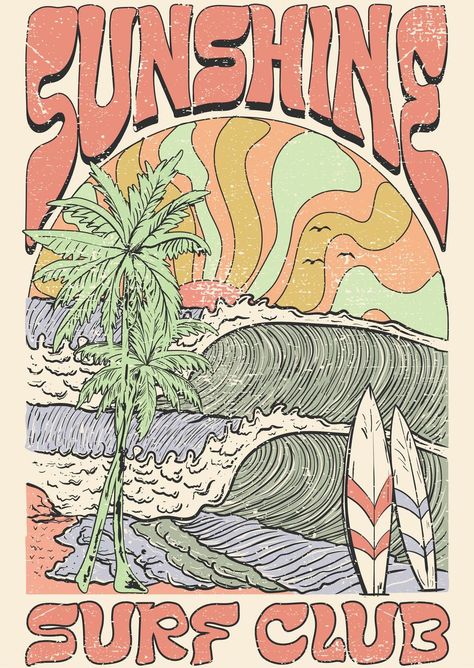 Vintage Surf Club - A4 Rice Decoupage Paper Surfing Beach Aesthetic, Beach Retro Aesthetic, Summer Poster Design Graphics, Vintage Beach Graphic Design, Retro Surf Poster, Vintage Surf Tshirt, Surf Skate Aesthetic, 90s Beach Aesthetic, Summer Vintage Poster