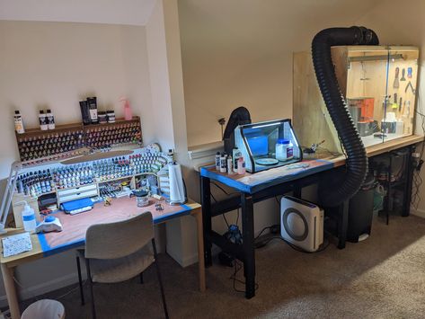 3d Printing Desk Setup, 3d Printing Room Setup, 3d Printing Station, Painting Workspace, 3d Printing Workshop, Electronics Workspace, Craft Area Organization, Hobby Room Design, Gear Room