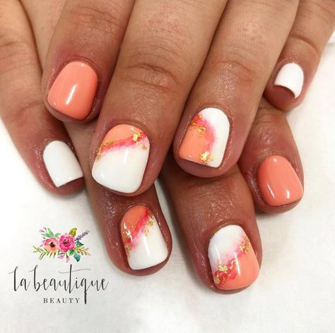 Coral & peach marbling 🧡✨ for @lisastewyx #coralnails #peachnails #whitenails #holidaynails #springnails #goldfoilnails #goldleaf #nails💅… Coral Marble Nails, White And Coral Nails, Goldleaf Nails, Salmon Nails, Coral Nails With Design, Nails Marble, White Gel Nails, Bridesmaids Nails, Beachy Nails