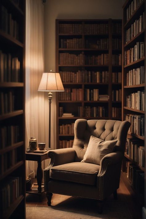 Farmhouse Reading Corner, Library Corner Living Room, Reading Chairs Comfy, Reading Nook Aesthetic, Comfy Reading Nook, Dark Modern House, Practical Home Decor, Cozy Reading Chair, Big Comfy Chair