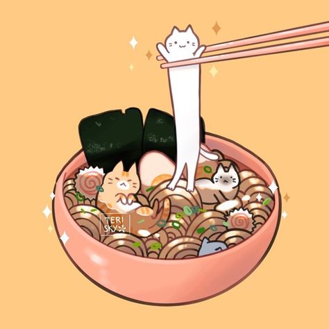 Teri Sky on Instagram: “Long Ramen Cat 🍜🐱🥢 I just want to hold a cat 🙈😅” Animal Shaped Foods, Spot Illustration, Desserts Drawing, Nostalgia Art, 귀여운 음식 그림, Long Cat, Posca Art, Cute Food Drawings, Cute Food Art