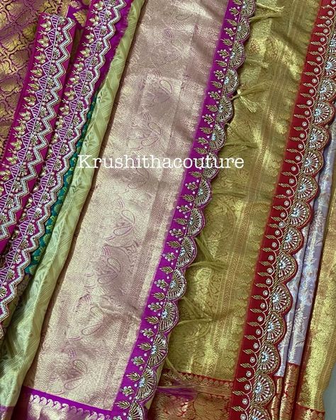 Saree Kuchu Designs For Bridal, Saree Border Maggam Work Designs, Saree Pallu Maggam Work, Maggam Saree Borders, Scalp Blouse Designs, Saree Maggam Border, Maggam Work Dupatta Designs, Sarees With Lace Borders, Blouse With Lace Border