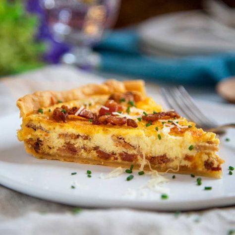 Classic Quiche Lorraine French Quiche, How To Make Quiche, Bacon And Cheese Quiche, Quiche Lorraine Recipe, Savory Tarts, Bacon And Cheese, Cheese Quiche, Egg Custard, Homemade Dough